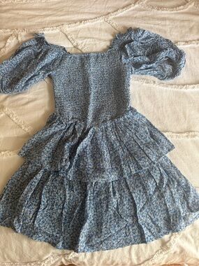 Smocked Blue Floral Mini Dress with Puff Sleeves